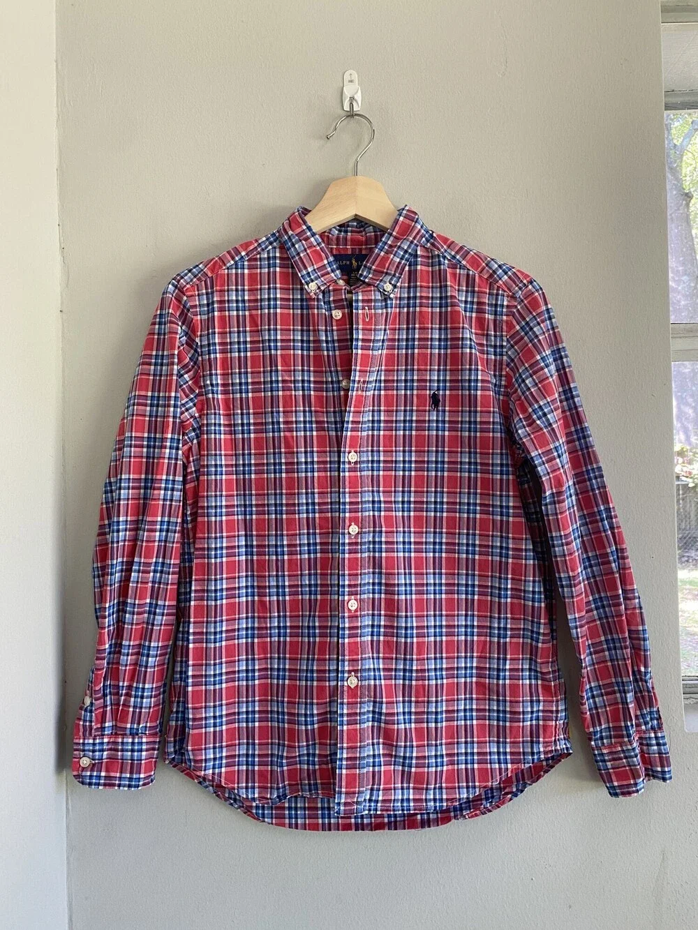 Ralph Lauren Boys Red Blue Plaid Button Down Shirt L 14-16